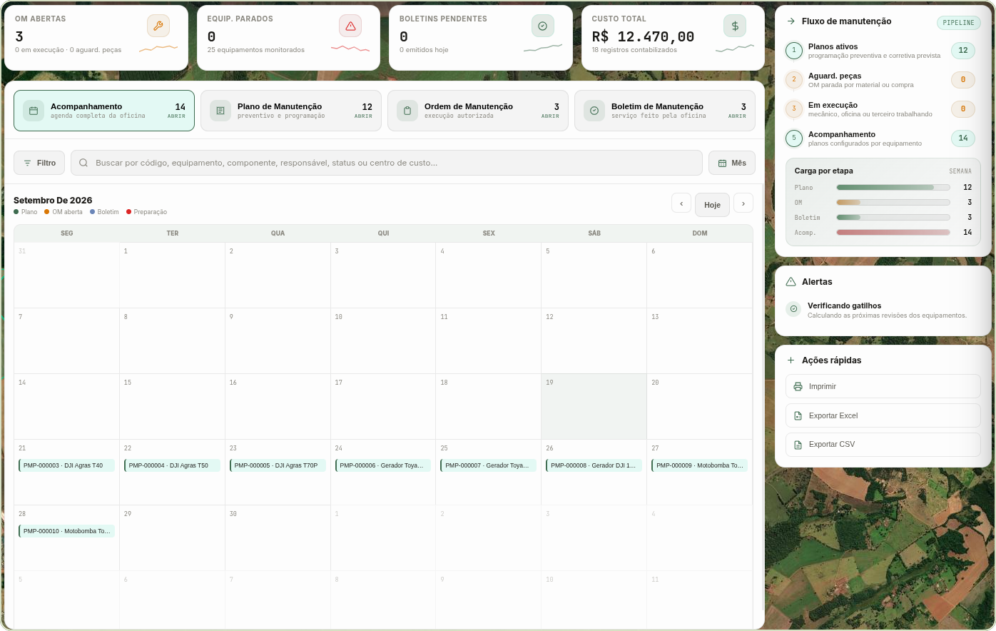 Tela de manutenção do AD Campo com calendário, ordens e acompanhamento